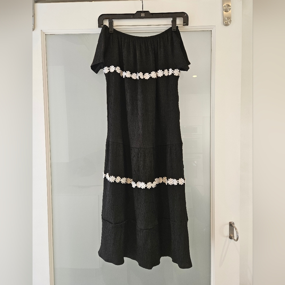 Black Off-Shoulder Dress with White Floral Accents Flat Friendly!